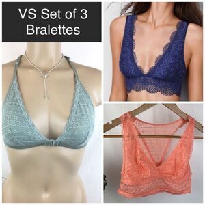 Victoria’s Secret SET of 3 Lace Blue Green & Orange Bralette Bra Tops S